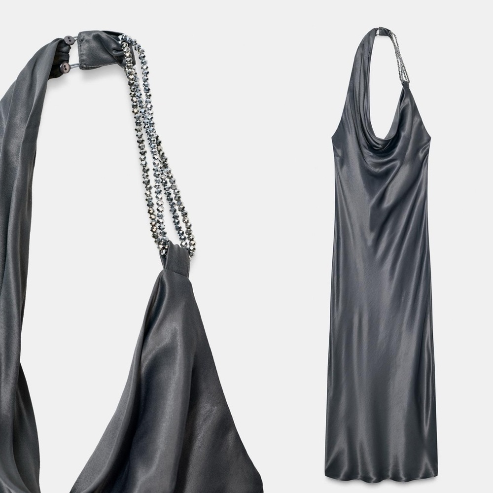 ZARA Viral Asymmetric Beaded Satin-Effect Midi Dress NWT Small Grey 5029/208/807